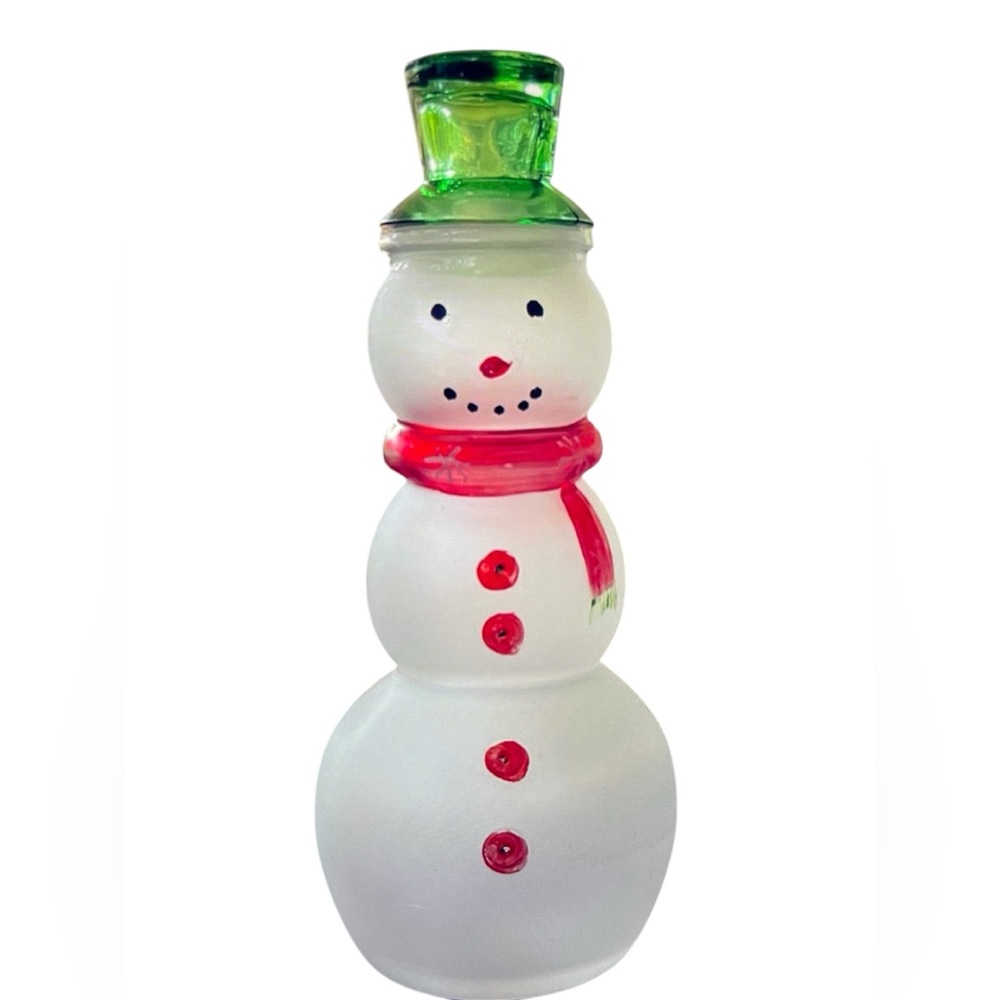 Vintage Decanter Holiday Frosted Glass Snowman Bottle with lid 10 1/2"